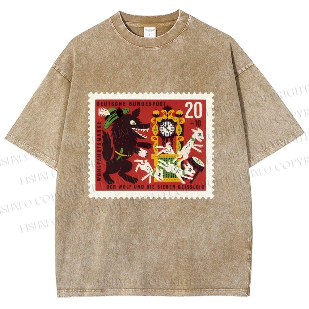 Unisex Vintage Wolf Stamp Printed Washed Tee