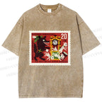 Unisex Vintage Wolf Stamp Printed Washed Tee