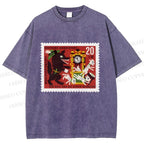 Unisex Vintage Wolf Stamp Printed Washed Tee