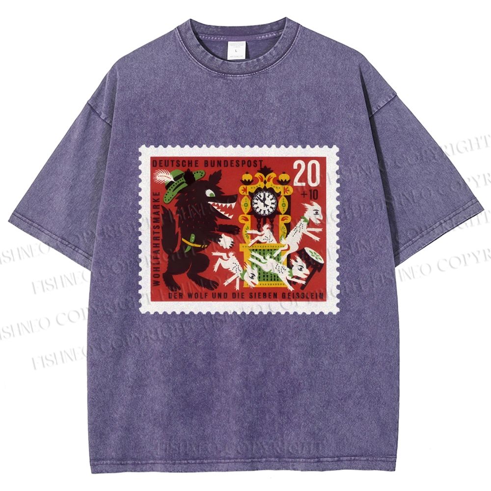 Unisex Vintage Wolf Stamp Printed Washed Tee