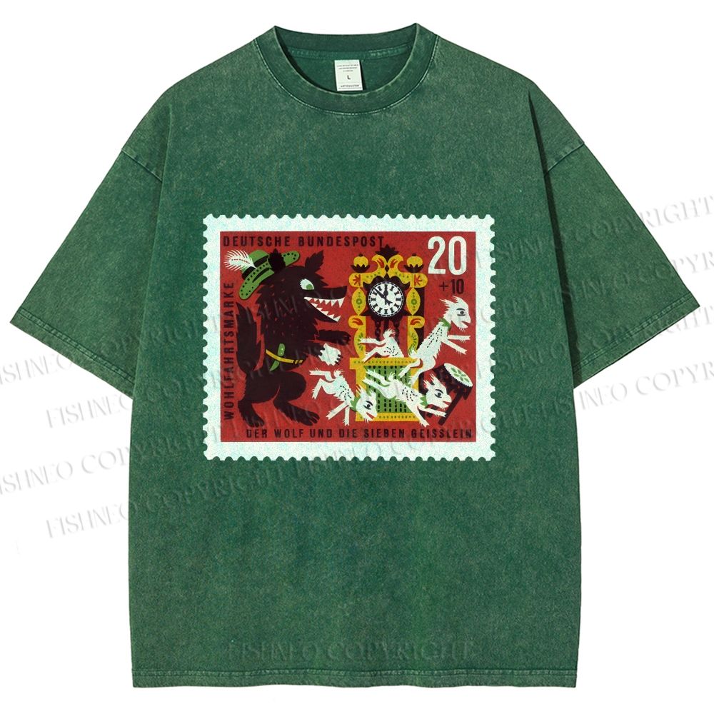 Unisex Vintage Wolf Stamp Printed Washed Tee