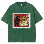 Unisex Vintage Wolf Stamp Printed Washed Tee