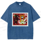 Unisex Vintage Wolf Stamp Printed Washed Tee