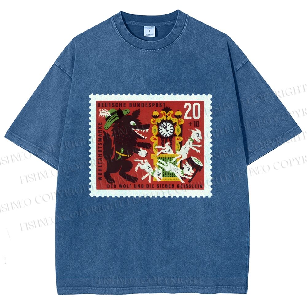 Unisex Vintage Wolf Stamp Printed Washed Tee
