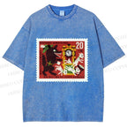 Unisex Vintage Wolf Stamp Printed Washed Tee