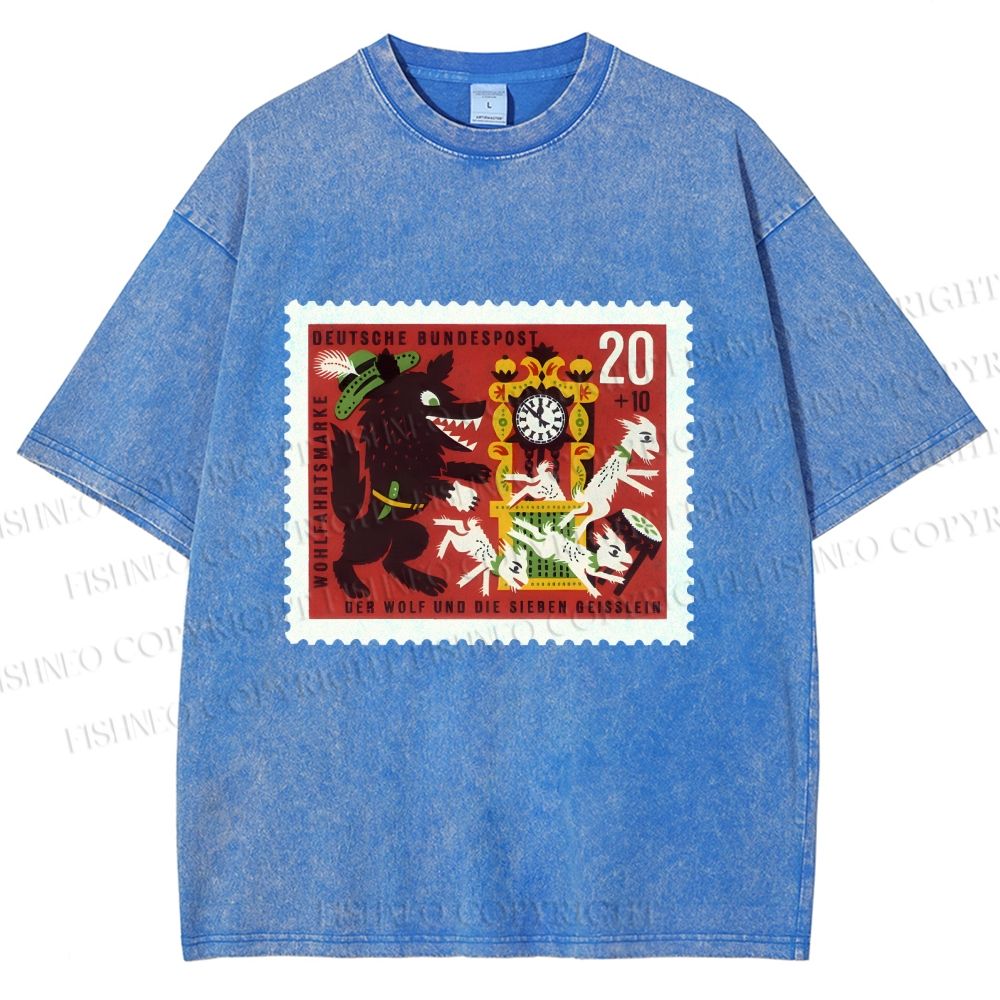 Unisex Vintage Wolf Stamp Printed Washed Tee