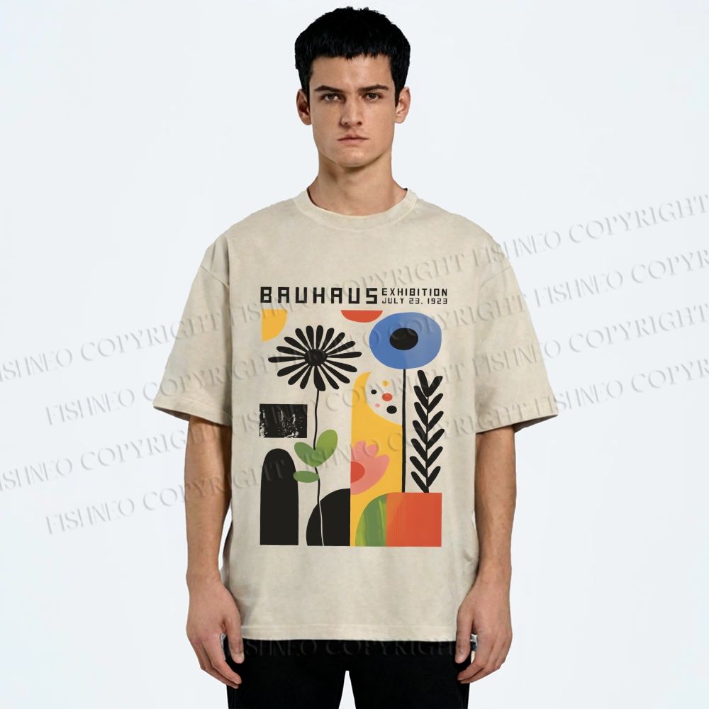 Unisex Vintage Bauhaus Flower Design Printed Washed Tee