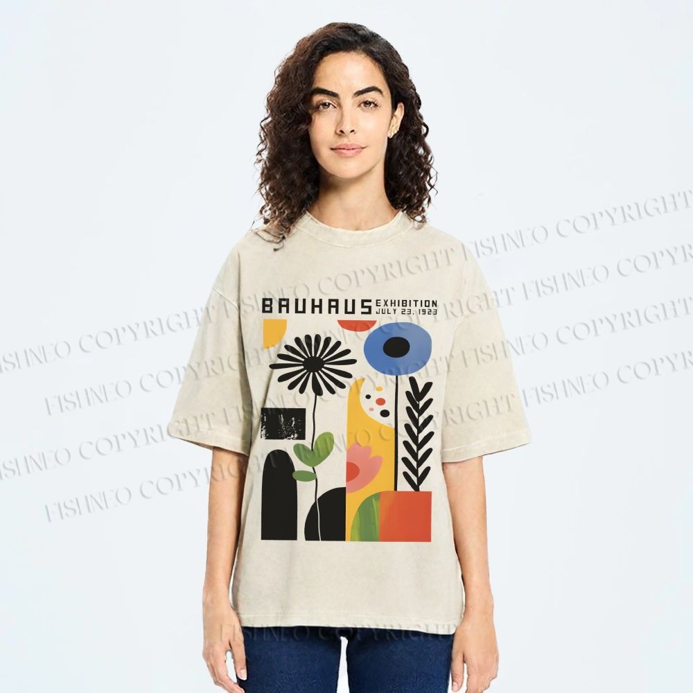 Unisex Vintage Bauhaus Flower Design Printed Washed Tee