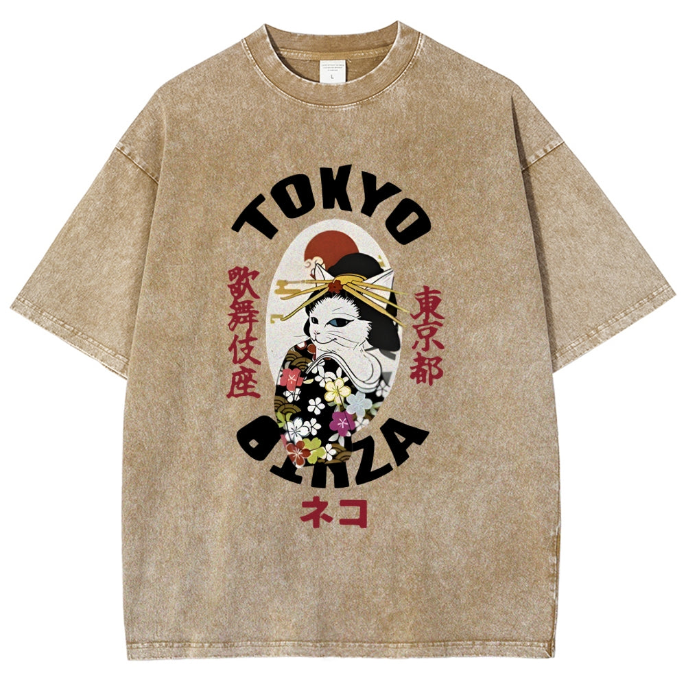 Geisha Cat Japan Washed T-Shirt