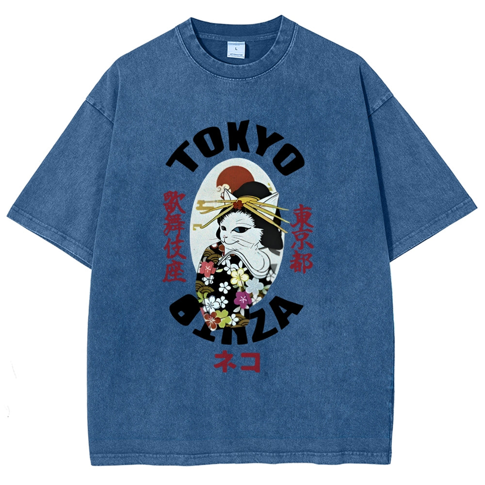 Geisha Cat Japan Washed T-Shirt