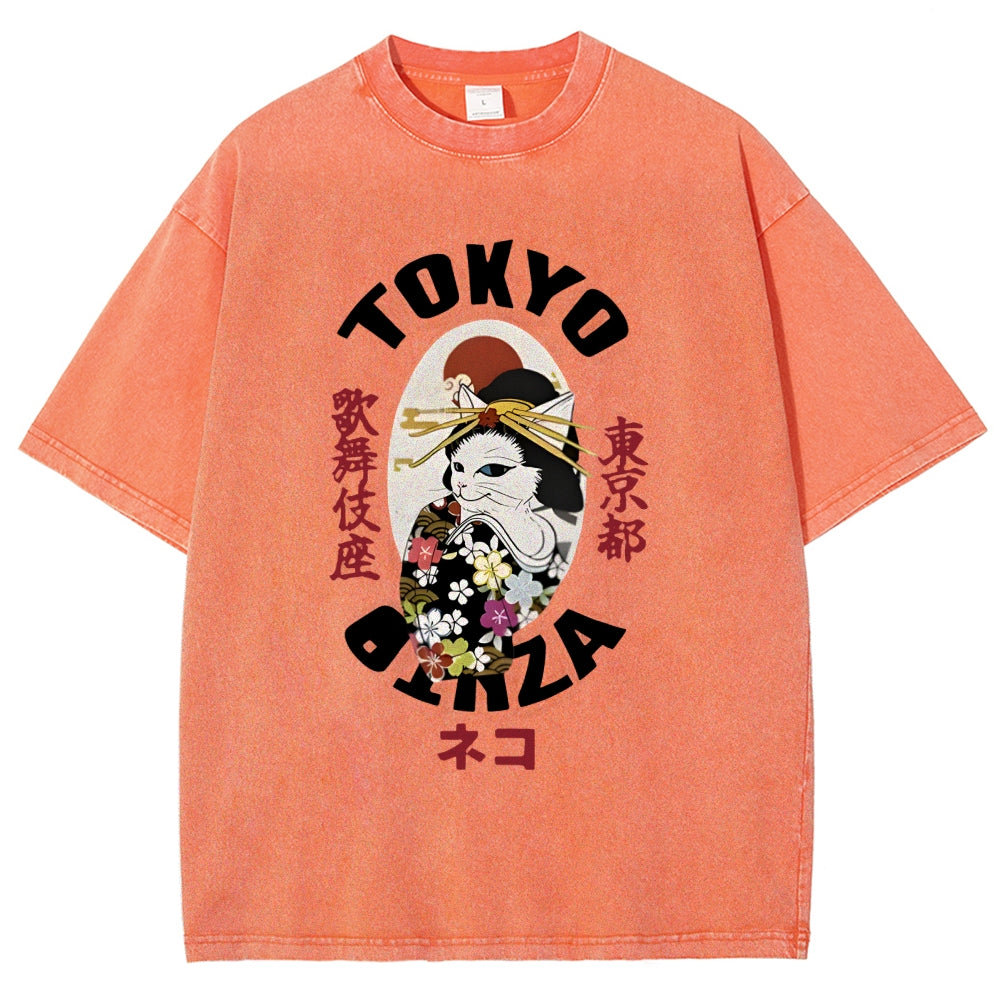Geisha Cat Japan Washed T-Shirt