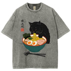 Black Cat Eating Ramen Vintage Washed T-shirt