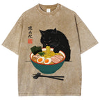 Black Cat Eating Ramen Vintage Washed T-shirt