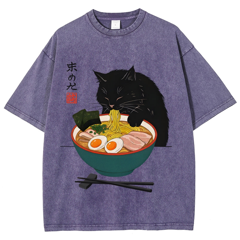 Black Cat Eating Ramen Vintage Washed T-shirt