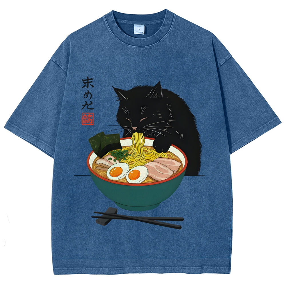 Black Cat Eating Ramen Vintage Washed T-shirt