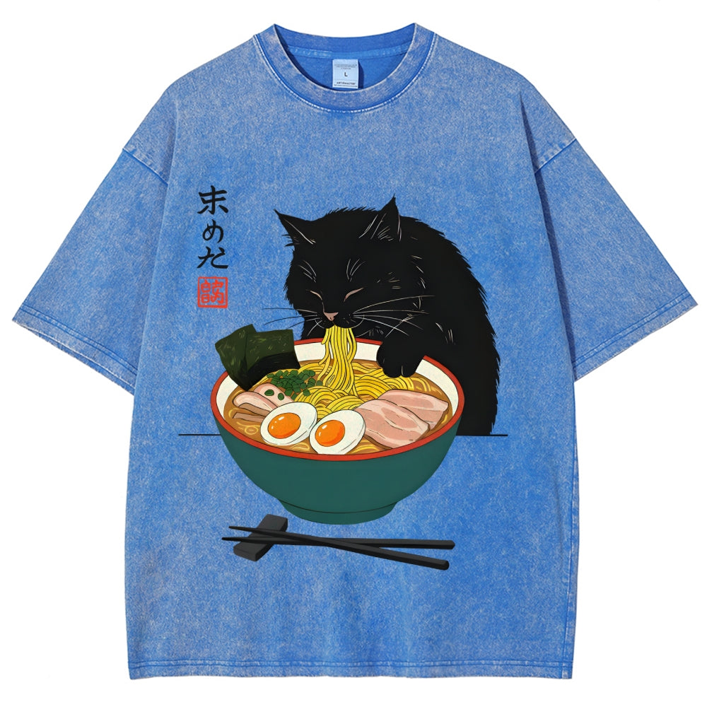 Black Cat Eating Ramen Vintage Washed T-shirt