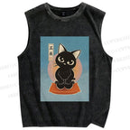 Unisex Japanese Cats Printed Washed Tank Top