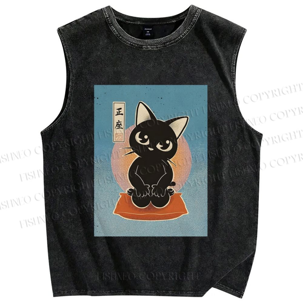 Unisex Japanese Cats Printed Washed Tank Top