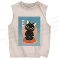 Unisex Japanese Cats Printed Washed Tank Top