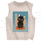 Unisex Japanese Cats Printed Washed Tank Top
