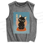 Unisex Japanese Cats Printed Washed Tank Top