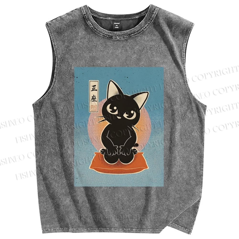 Unisex Japanese Cats Printed Washed Tank Top