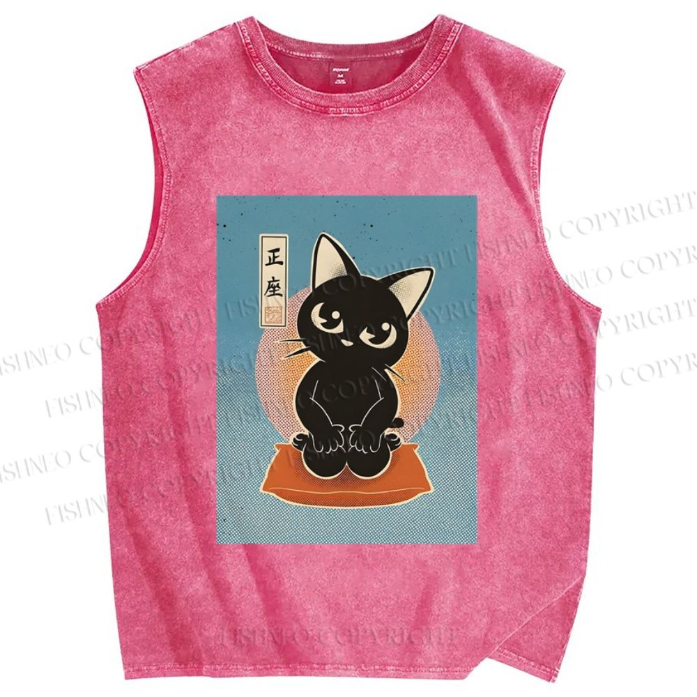 Unisex Japanese Cats Printed Washed Tank Top