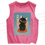 Unisex Japanese Cats Printed Washed Tank Top