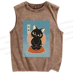 Unisex Japanese Cats Printed Washed Tank Top