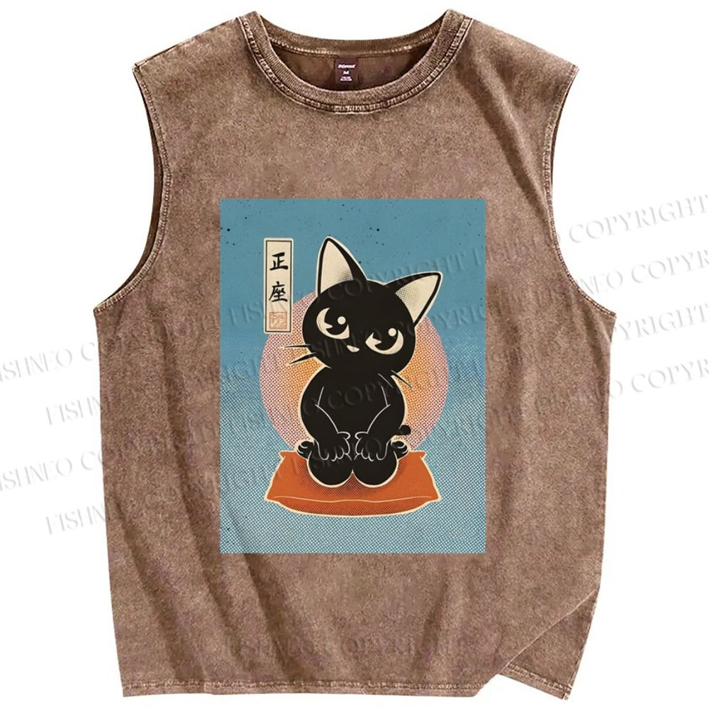 Unisex Japanese Cats Printed Washed Tank Top