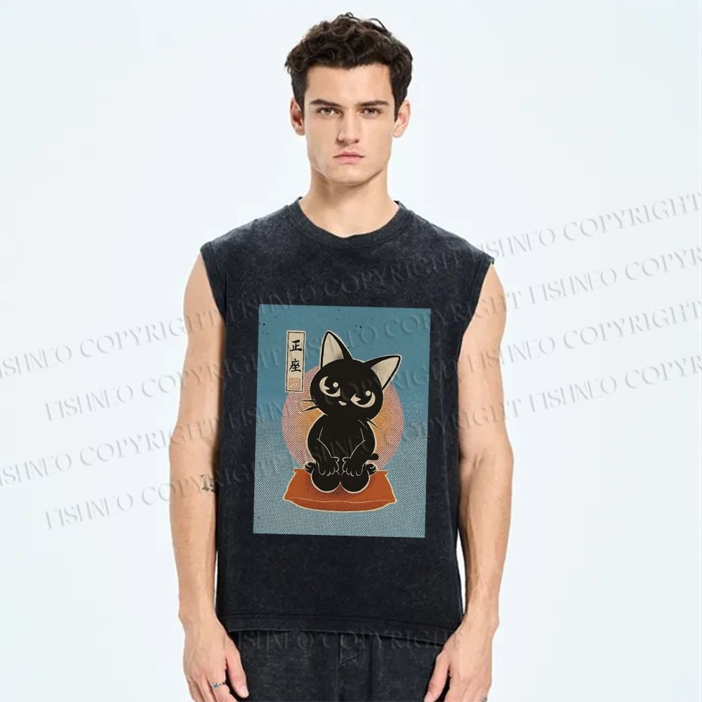 Unisex Japanese Cats Printed Washed Tank Top