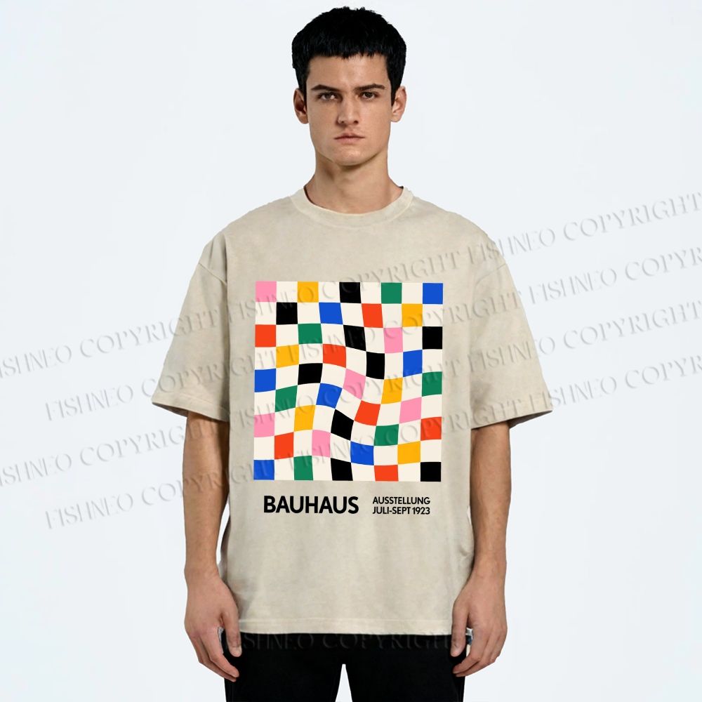 Unisex Bauhaus Colored Grids Printed Washed Tee