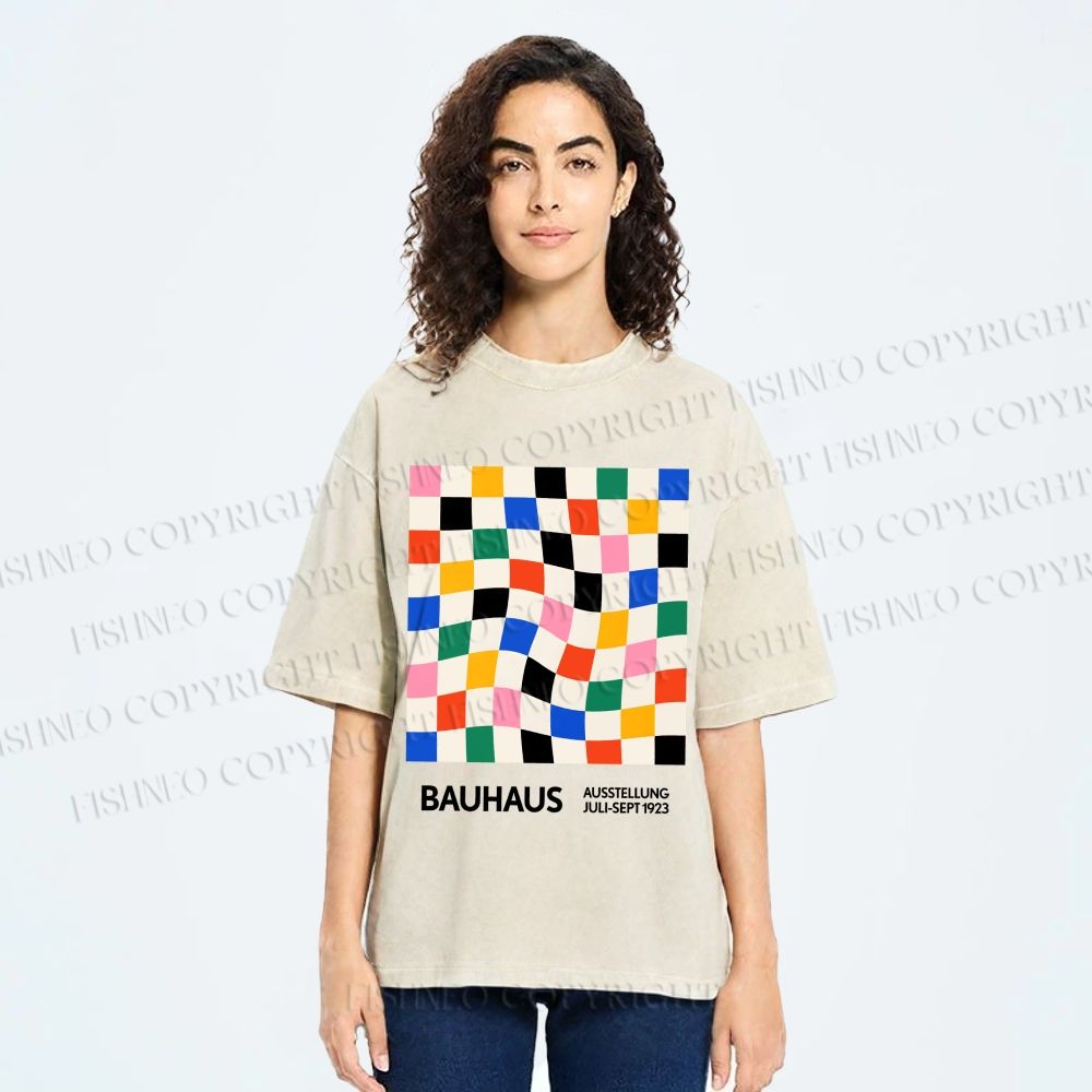 Unisex Bauhaus Colored Grids Printed Washed Tee