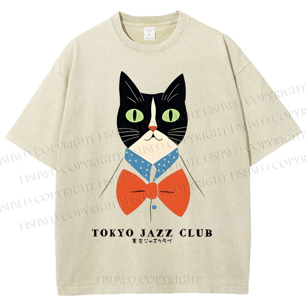 Unisex Tokyo Jazz Club Cats Printed Washed Tee