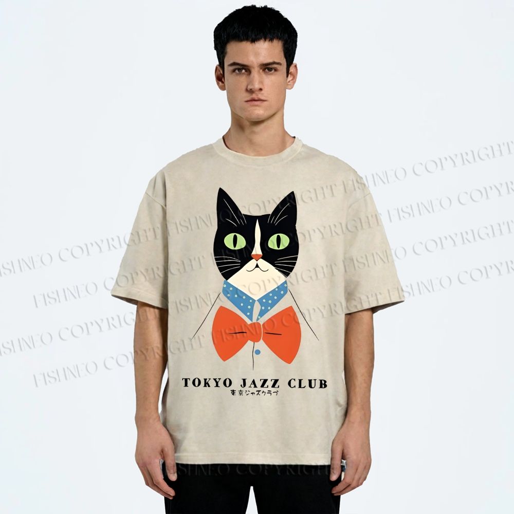 Unisex Tokyo Jazz Club Cats Printed Washed Tee