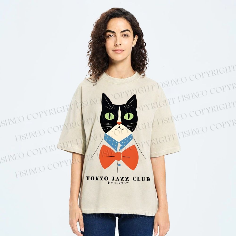 Unisex Tokyo Jazz Club Cats Printed Washed Tee