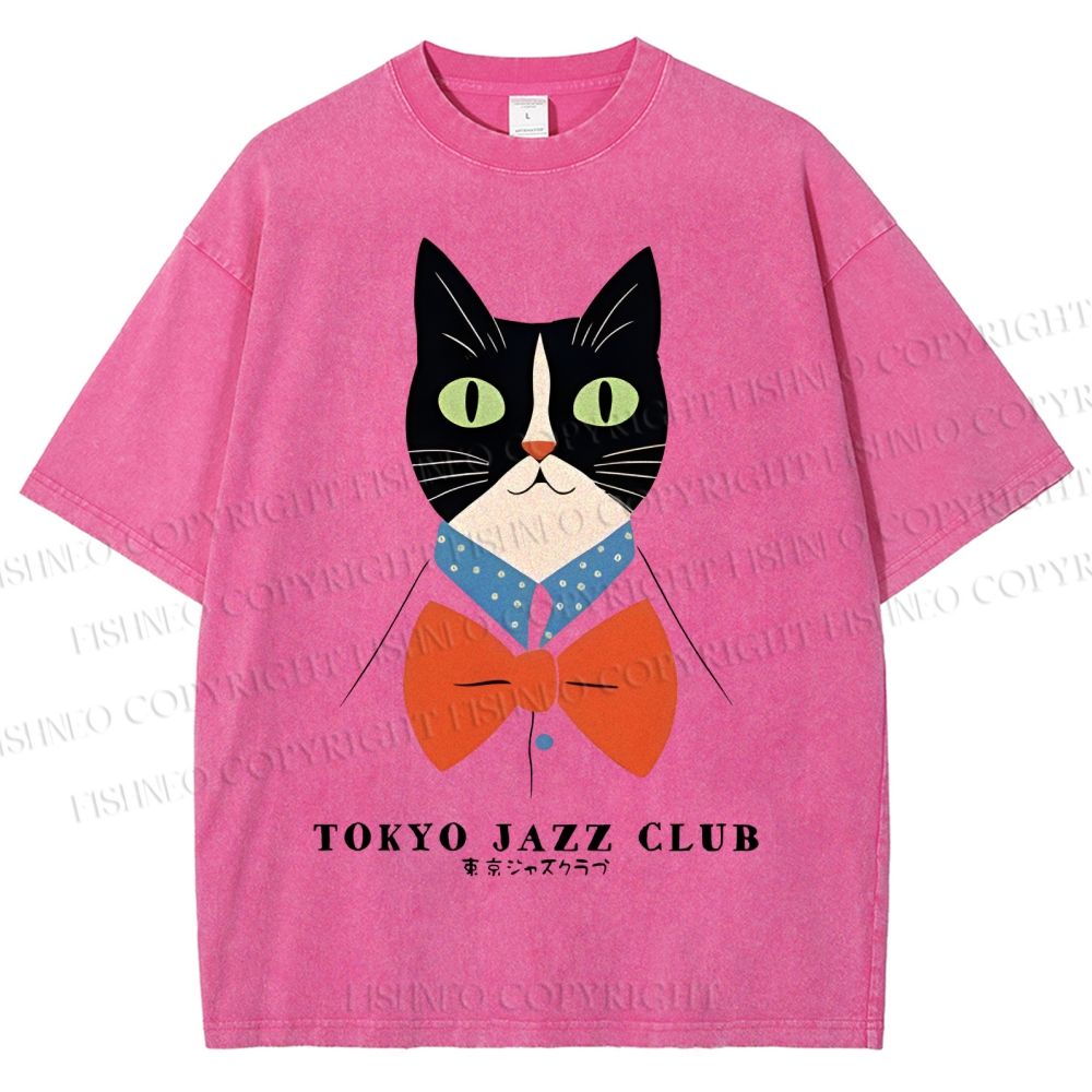 Unisex Tokyo Jazz Club Cats Printed Washed Tee