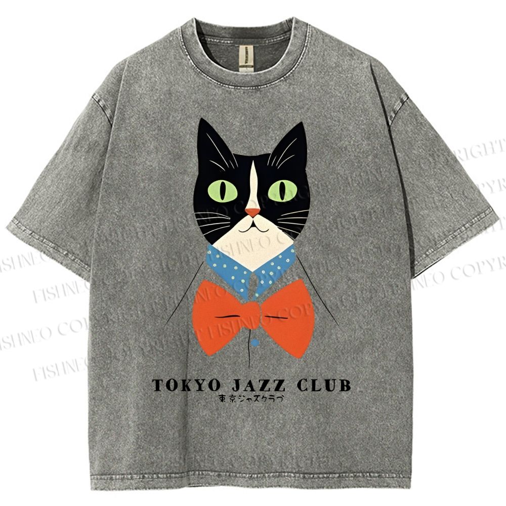 Unisex Tokyo Jazz Club Cats Printed Washed Tee