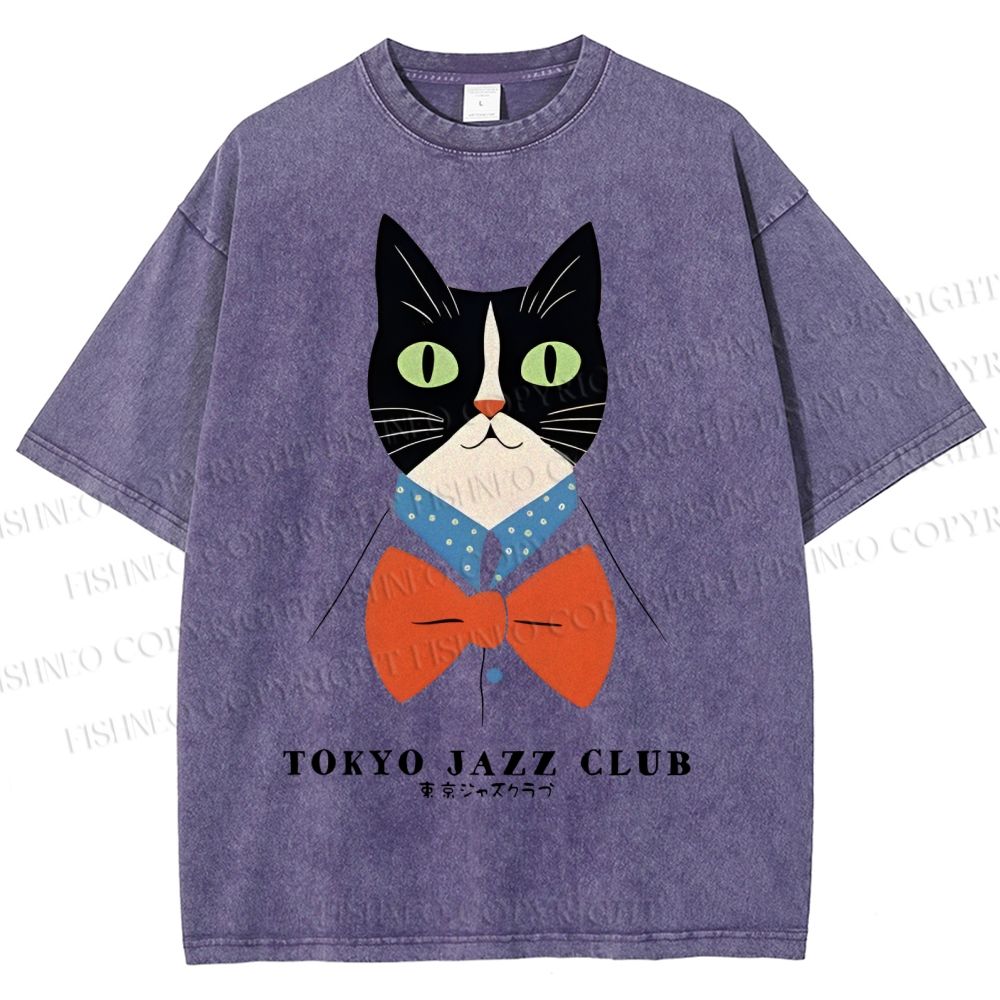 Unisex Tokyo Jazz Club Cats Printed Washed Tee