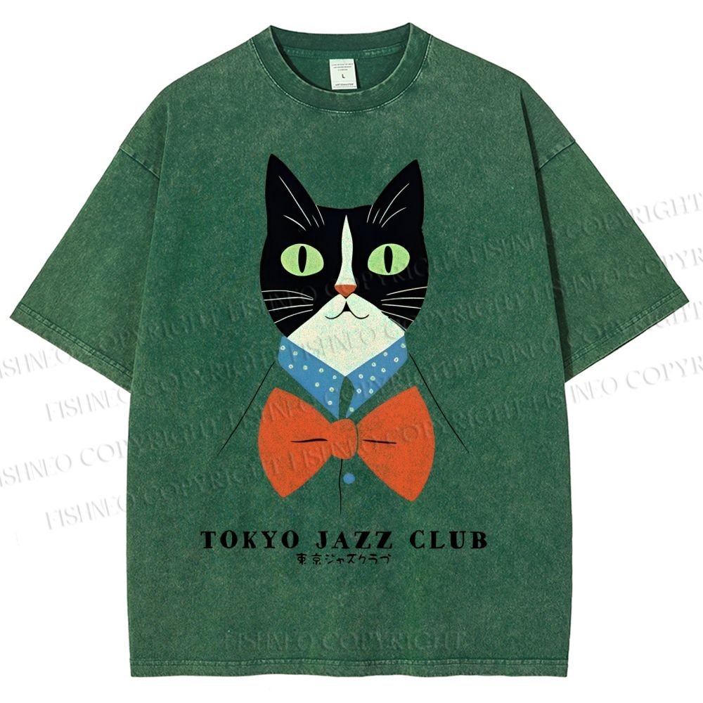 Unisex Tokyo Jazz Club Cats Printed Washed Tee
