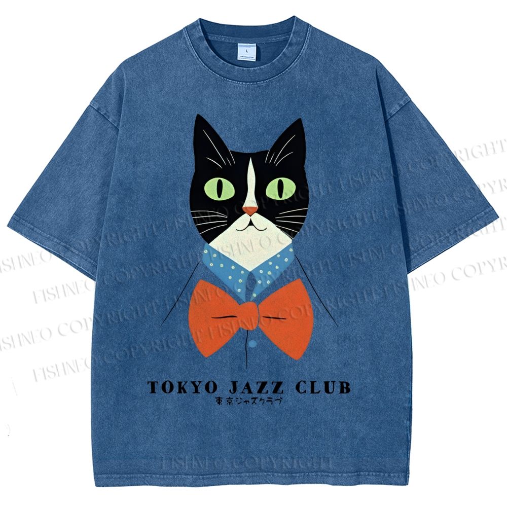Unisex Tokyo Jazz Club Cats Printed Washed Tee
