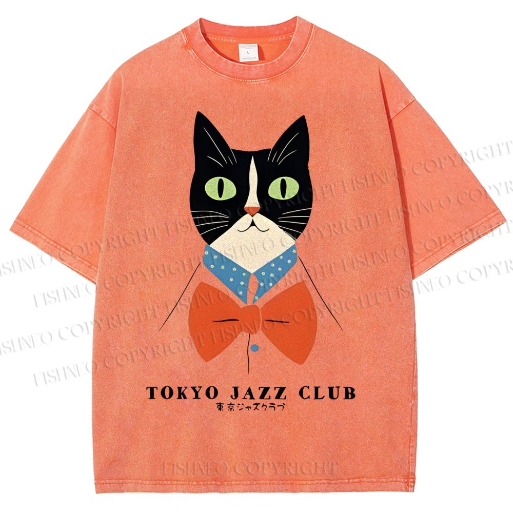 Unisex Tokyo Jazz Club Cats Printed Washed Tee
