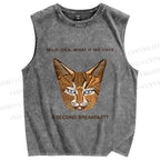 Unisex Cat Printed Washed Tank Top