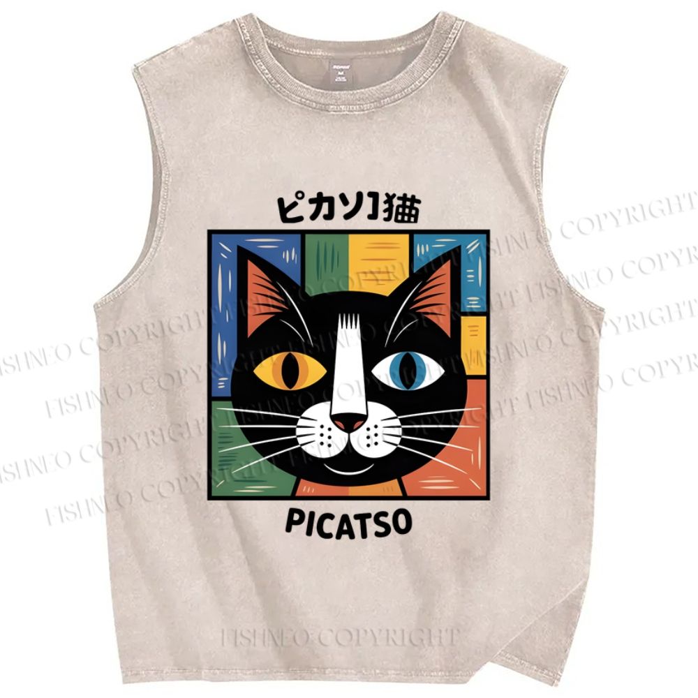 Unisex Colorful Geometric Cat Printed Washed Tank Top