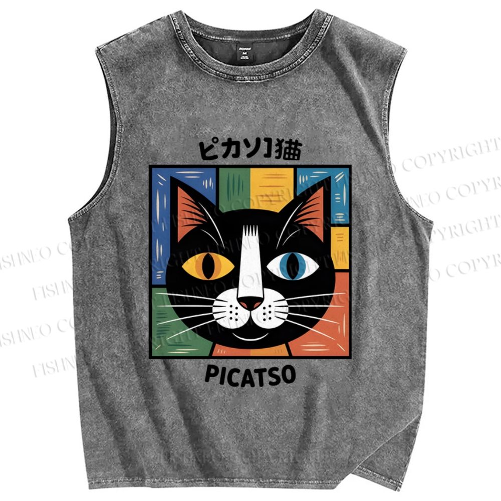 Unisex Colorful Geometric Cat Printed Washed Tank Top