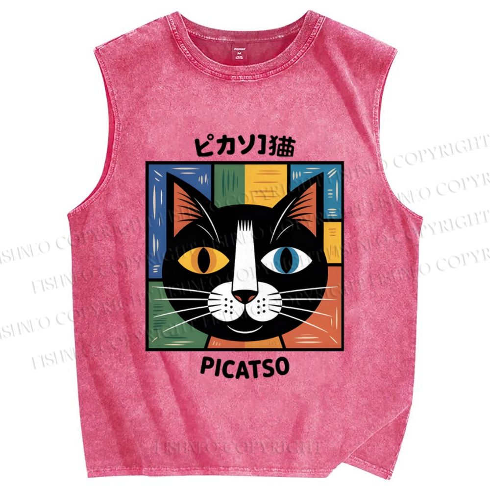 Unisex Colorful Geometric Cat Printed Washed Tank Top