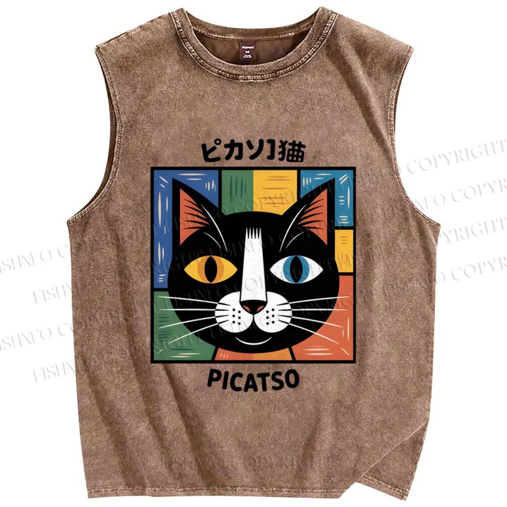 Unisex Colorful Geometric Cat Printed Washed Tank Top