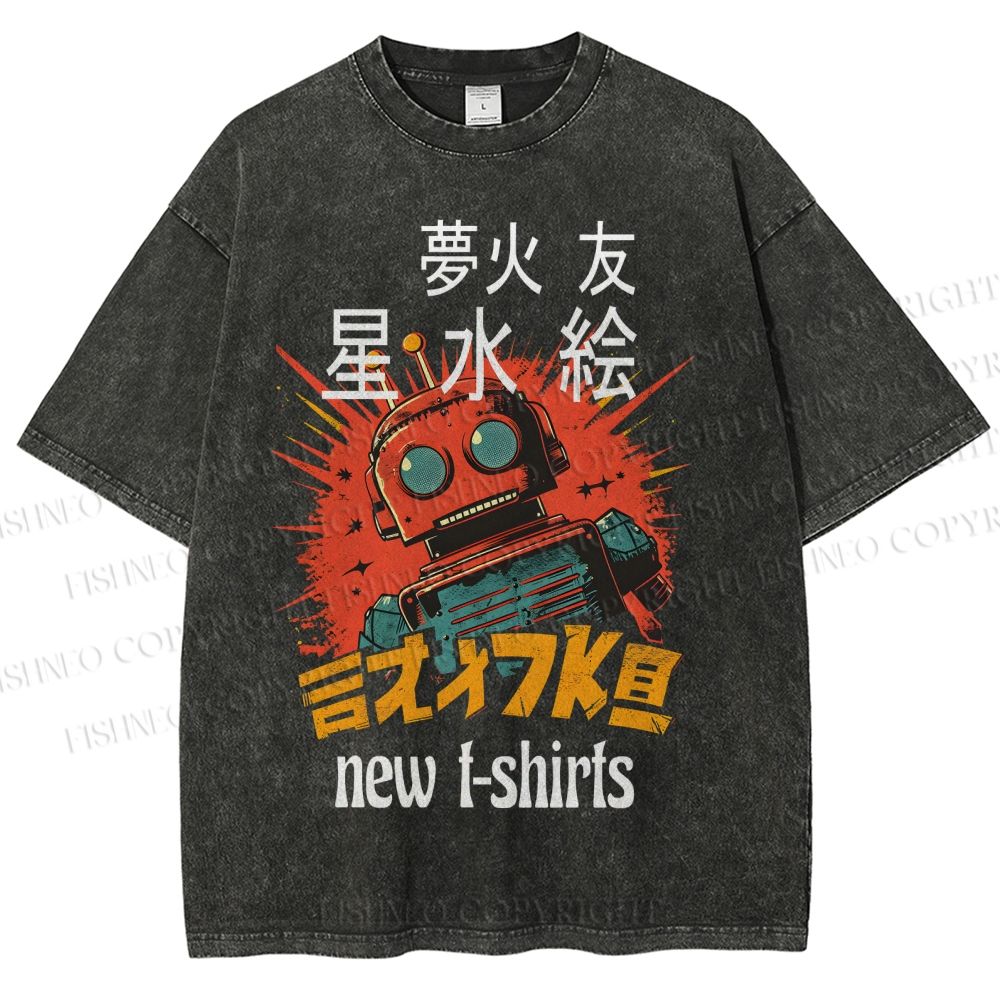 Unisex Vintage Robot Printed Washed Tee