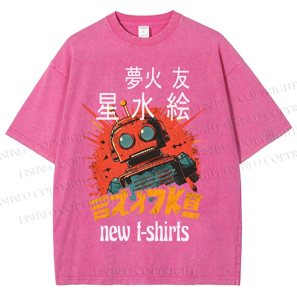 Unisex Vintage Robot Printed Washed Tee