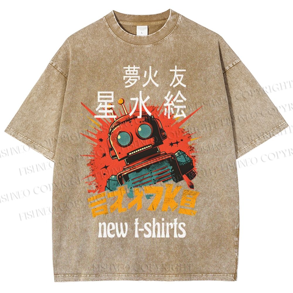 Unisex Vintage Robot Printed Washed Tee